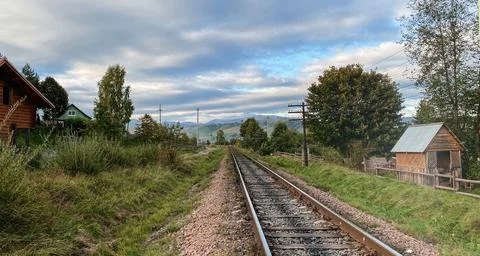 A train tracks with trees and grass in sunny day Stock Photos