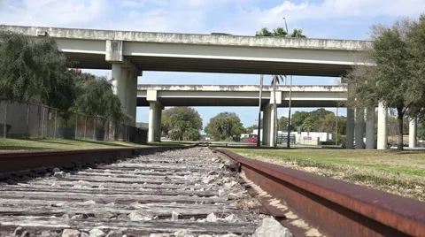 Train Tracks Under Freeway Overpass 01 Stock Footage 47454812