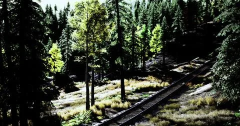 Train tracks winding through a lush forest in bright daylight Stock Illustration