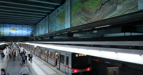 Train traffic on Volkstheater U-bahn station in Vienna, Austria Stock Footage 99180942