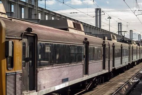 Train at train station Stock Photos