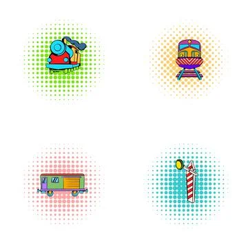 Train transportation icons in halftone comic style 스톡 일러스트