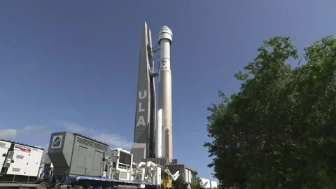 Train transporting Boeing's Starliner spacecraft atop of ULA Atlas V rocket Stock Footage 278514655
