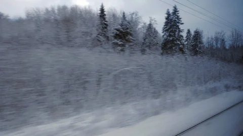 Train travel in winter. view from the window. snow-covered landscapes and forest Stock Footage