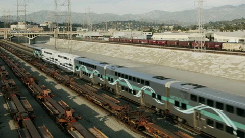 Train Traveling Through LA Under 4th Street Bridge 4K 48FPS SLO-MO Stock Footage 222012588