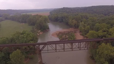 Train Trestle fly in Gasconade river Stock Footage 92222174