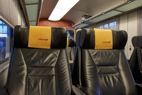 Train trip , empty seats, Czech Regiojet train Stock Photos
