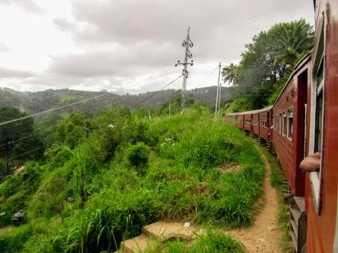Train trip view from Kandy among tea plantations in the highlands of Sri Lanka Stock Photos