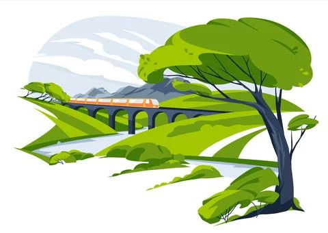 Train viaduct among summer green hills Stock Illustration