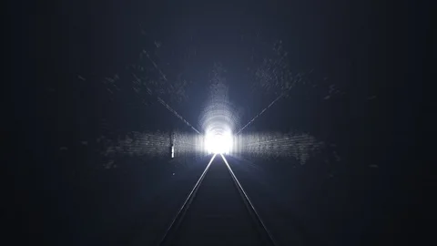 Train View Through Dark Tunnel Emerging Into Bright Light Stockbeeldmateriaal 91786442