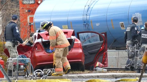 Train vs Car collision with emergency crews  - 24fps 1080p Stock Footage 91560989