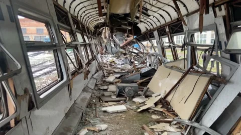 The train wagon destroyed by a Russian missile in Ukraine Stock Footage 239903195