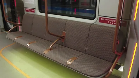 Train wagon interior with informative stickers on the wall in russian, means Stock Footage 202049229