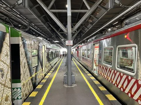 Train wagon with unique batik pattern design in a station Foto stock