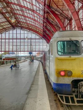 The train is waiting for passengers in Antwerp Central Railway Station, Belgium Stock Photos