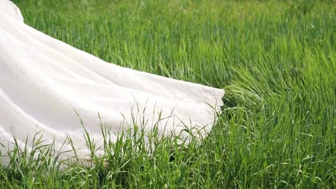Train wedding dresses on the grass in slow motion close up shot Stock Footage 211807126