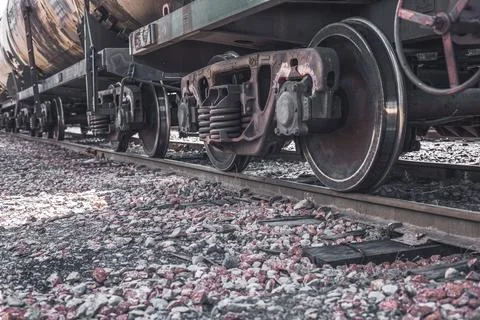 Train wheels on rails close up Stock Photos