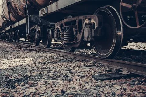 Train wheels on rails close up Foto stock