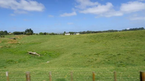Train window driving plate rural green pasture new zealand Stock Footage 102728625