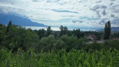 Train Window Panoramic View of Lake Geneva and Town Stock Footage 340367995