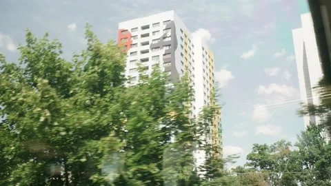 Train Window Perspective Travelling in Berlin Vídeo Stock 144256124