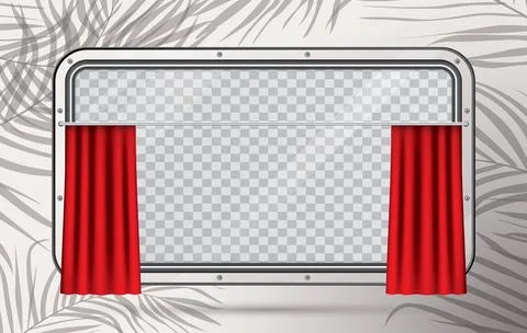 Train Window with Red Curtain and Copy Space on Palm Leaves Background. Illustrazione stock