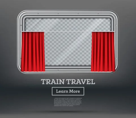 Train Window with Red Curtain and Copy Space. Train Travel. Illustrazione stock