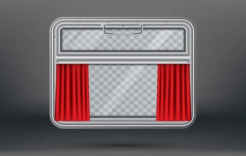 Train Window with Red Curtain and Copy Space. Window with Handle. Illustrazione stock