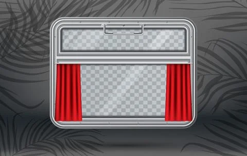 Train Window with Red Curtain and Copy Space on Palm Leaves Background. Windo Illustrazione stock