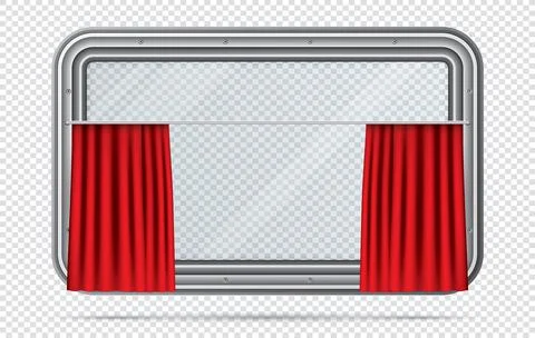 Train Window with Red Curtain on Checkered Background. Realistic View From In Stock Illustration