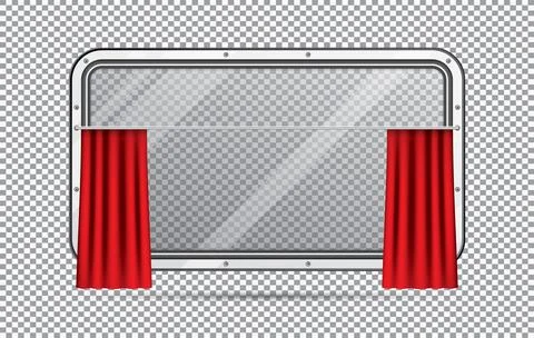 Train Window with Red Curtain Isolated on Checkered Background. Realistic Vie Illustrazione stock