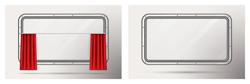 Train Window Set with Red Curtain on Beige Background. Illustrazione stock