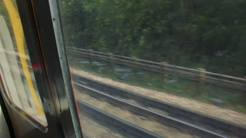 Train window view with blurred tracks and trees in motion. Stock Footage 319724963