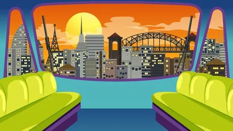 Train Window View of City Skyline at Sunset Vector Illustration Illustration