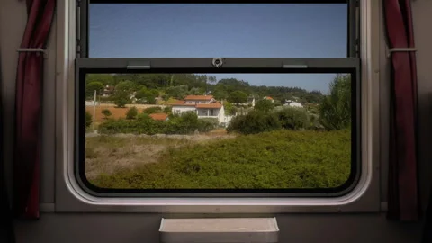 Train Window View Of Countryside Landscape, Vehicle shot Composition Видео 318622229