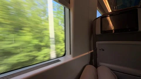 Train window view, green summer landscape blurring outside, high-speed travel 스톡 동영상 336630111