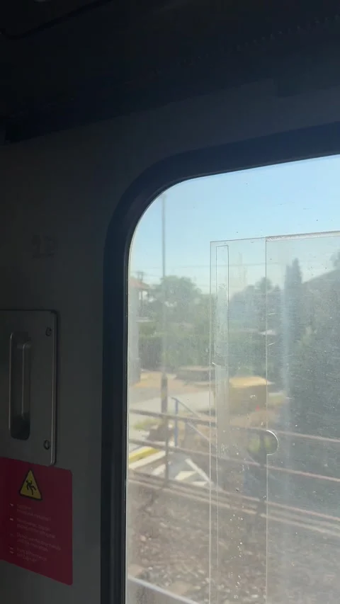 Train window view, passing green landscape, moving travel perspective, railroad Stock Footage 336630095