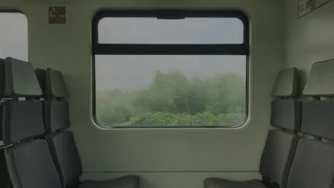 Train window view passing green countryside fields on cloudy day. Video stock 344001307