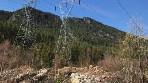 Train Window View of Pine Forest, Power Lines, and Mountains in Rural Norway Stock Footage 340877372