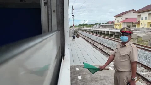 Train window view riding nature landscape, blue sky. Train official standing Video stock 221898214