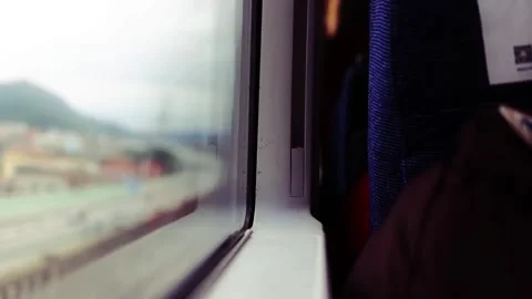 Train Window View, Scenic Landscape Passing by with Motion Blur Video stock 329616163