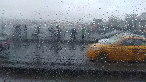 Train window with water drops. Blurred landscape at daytime. Stock Footage 86681780