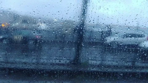 Train window with water drops. Blurred landscape at daytime. Stock Footage 86681783