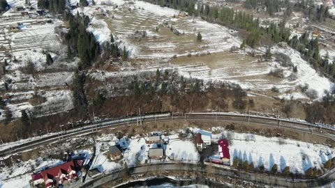 Train winter mountains drone Ukraine carpathian mountains Stock Footage 124358885