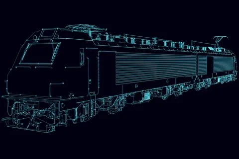 Train wireframe made of blue lines isolated on a dark background. 3D. Vector Stock Illustration