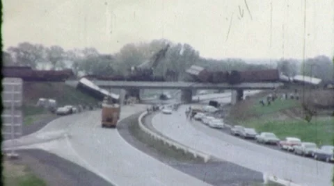 Train Wreck Amtrak Boxcars Railroad Bridge 1960s Vintage Film Home Movie 1315 Stock Footage