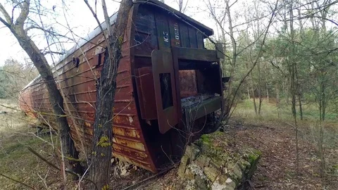 Train Wreck in Chernobyl Exclusion Zone, Ukraine Stock Footage 78848035