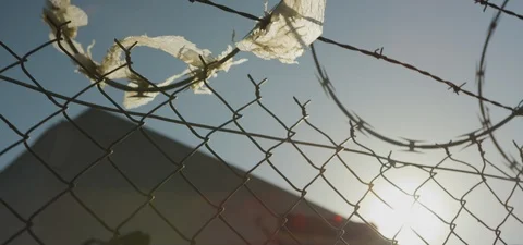 Train Yard Barbed Wire Fence Detail 2 Stock Footage 113086531