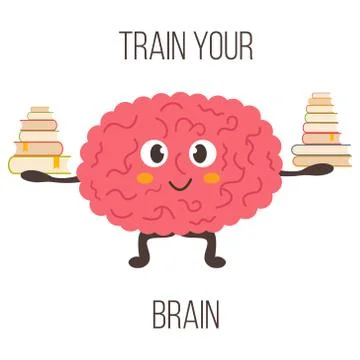 Train your brain poster with funny cartoon brain Stock Illustration