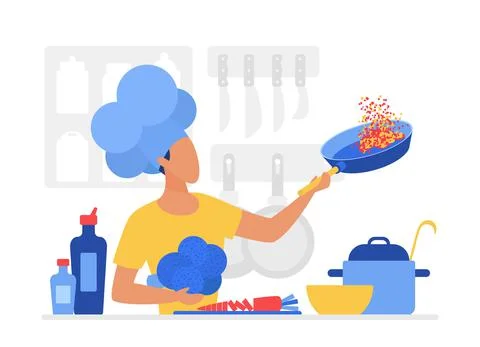 Trained chef cooking using kitchen frying pan Illustration
